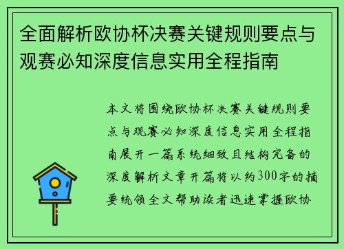 全面解析欧协杯决赛关键规则要点与观赛必知深度信息实用全程指南