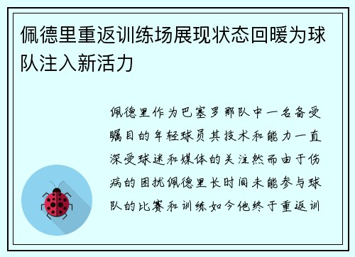 佩德里重返训练场展现状态回暖为球队注入新活力 佩德里重返训练场展现状态回暖为球队注入新活力